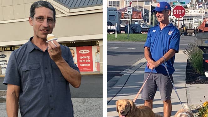 Richard (Rich) Ferrandino shown before and after adopting a whole food plant-based diet, on the left, he holds an ice cream; on the right, he walks his dog and looks noticeably slimmer