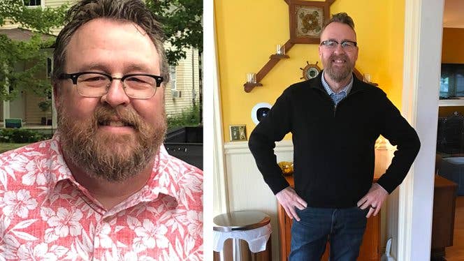 Rick-Thompson-Before-After-plant-based Two photos showing Rick Thompson before and after adopting a whole-food plant-based diet; in the before photo he is heavier while in the after photo he is slimmer