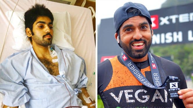 Two photos side by side showing a young man before and after he adopted a plant-based diet for ulcerative colitis: On the left, in a hospital bed; on the right, at the finish line of a competitive athletic event, wearing a shirt that says vegan