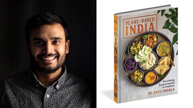 Chef and doctor Sheil Shukla, MD, beside his new Plant-Based India cookbook