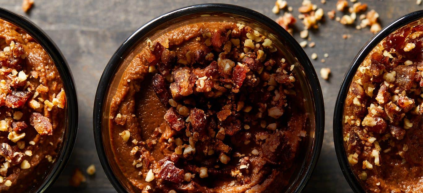 Sweet Potato Chocolate Pudding with Pecan Crumble in a glass jar