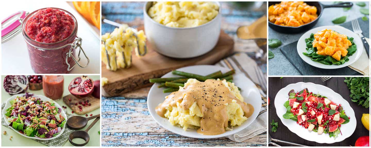 A collage of vegan Thanksgiving recipes