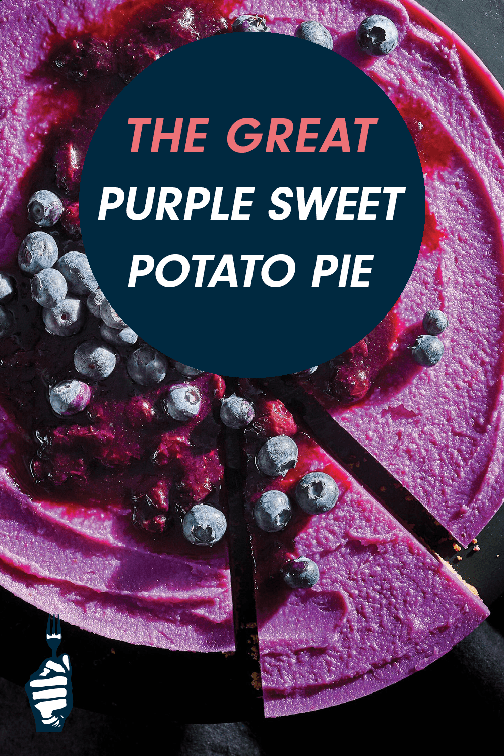 A vibrant purple cake topped with fresh blueberries and a blueberry compote. A title card reads, "The Great Purple Sweet Potato Pie"