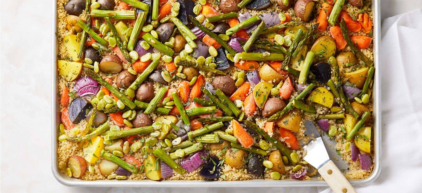 Colorful array of roasted veggies on a sheet pan