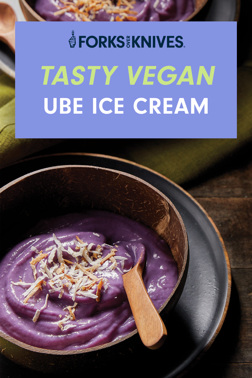 A dark grey ceramic bowl filled with a smooth purple ice cream and almond shavings. Text reads, "Vegan Ube Ice Cream"