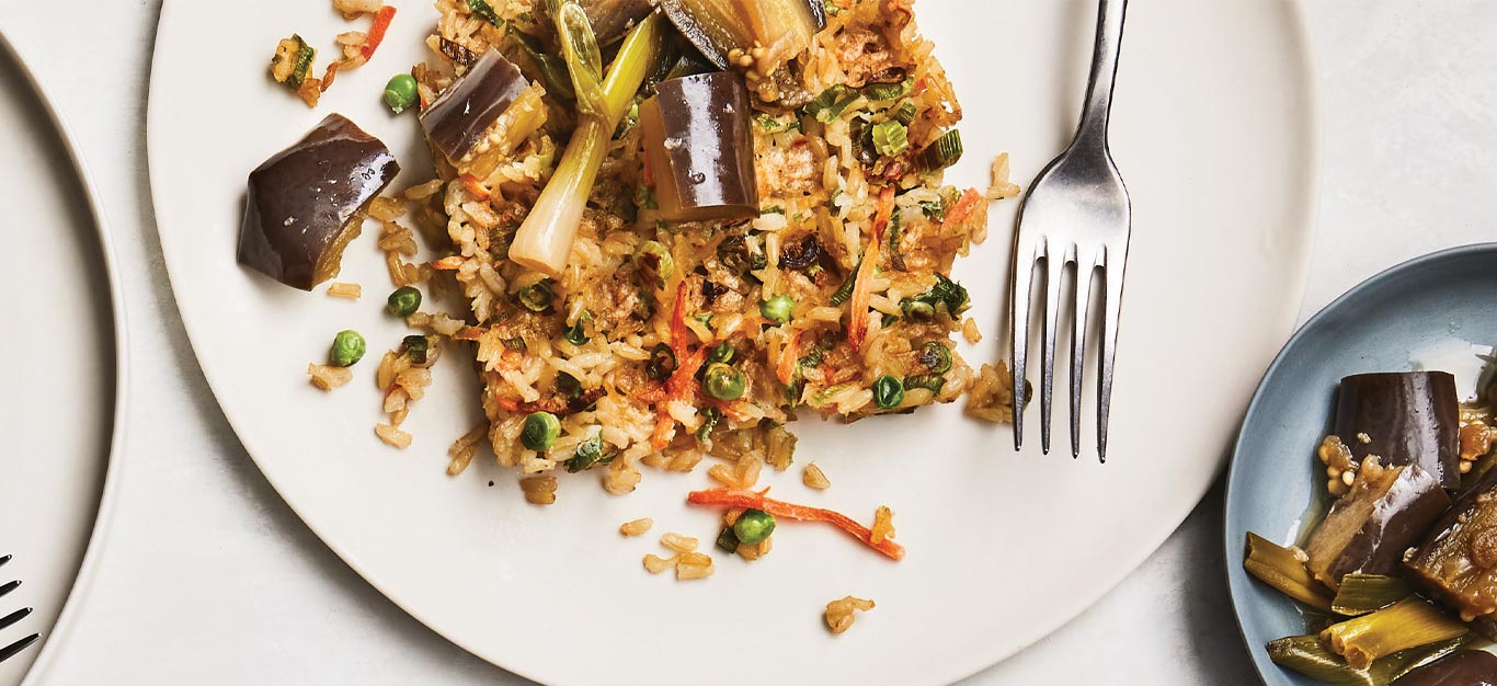 Fried Rice Waffles with Silken Braised Eggplant - Forks Over Knives