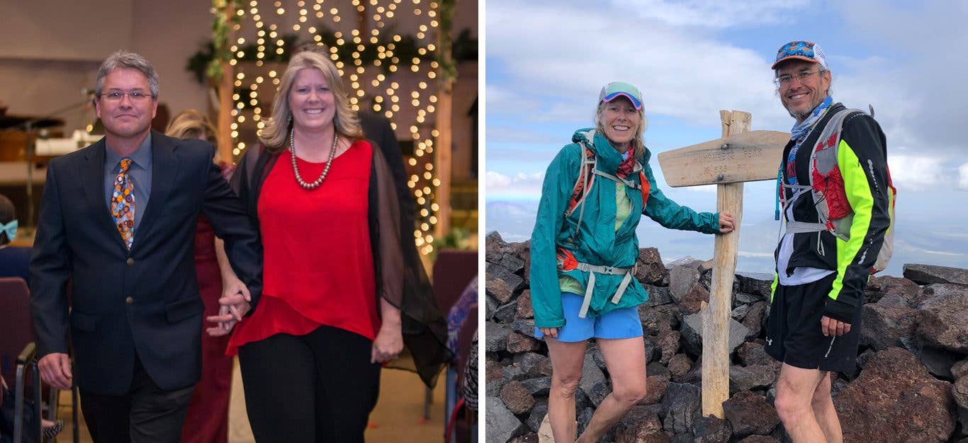 Two side by side photos showing couple Amy and Rod Horn before and after adopting a plant-based diet for diabetes and heart health