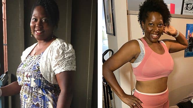 Annie Green - Two photos side by side showing a woman before and after adopting a plant-based diet, having lost weight and boosted her energy, overcoming anemia