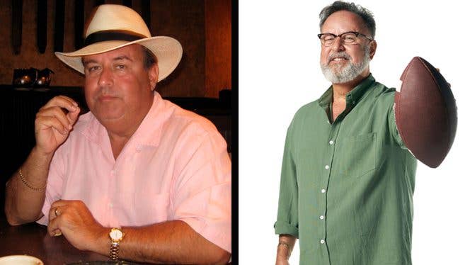 armando-alvarez-before-after-2 Photos of Armando Alvarez before and after adopting a plant-based diet for heart disease. On the left, he sits at a restaurant table wearing a fedora and pink button-down, on the right, he appears slimmer and holds out a football with one hand