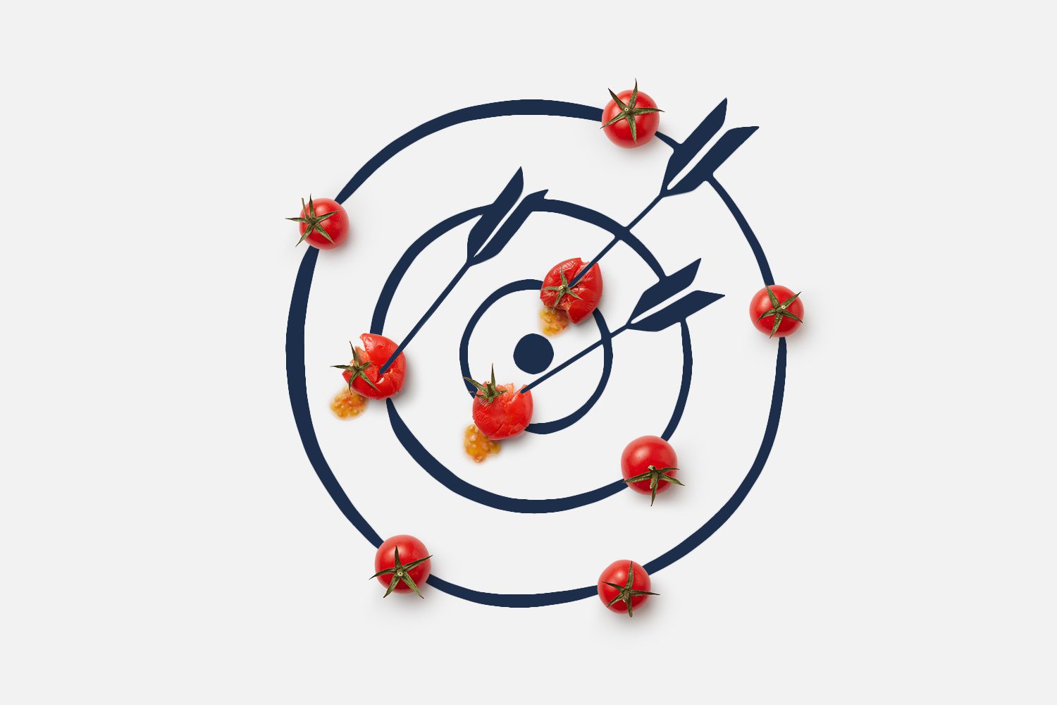 An illustration of a target with three arrows sticking out of it, with the arrows piercing cherry tomatoes