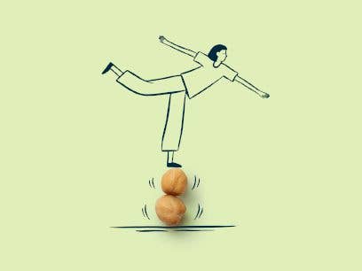 Cartoon woman balances on one leg an a stack of chickpeas