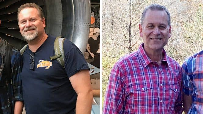 Kendale Ritchey, DPM, in two photos, before and after adopting a whole-food, plant-based diet to tame painful inflammation from familial Mediterranean fever