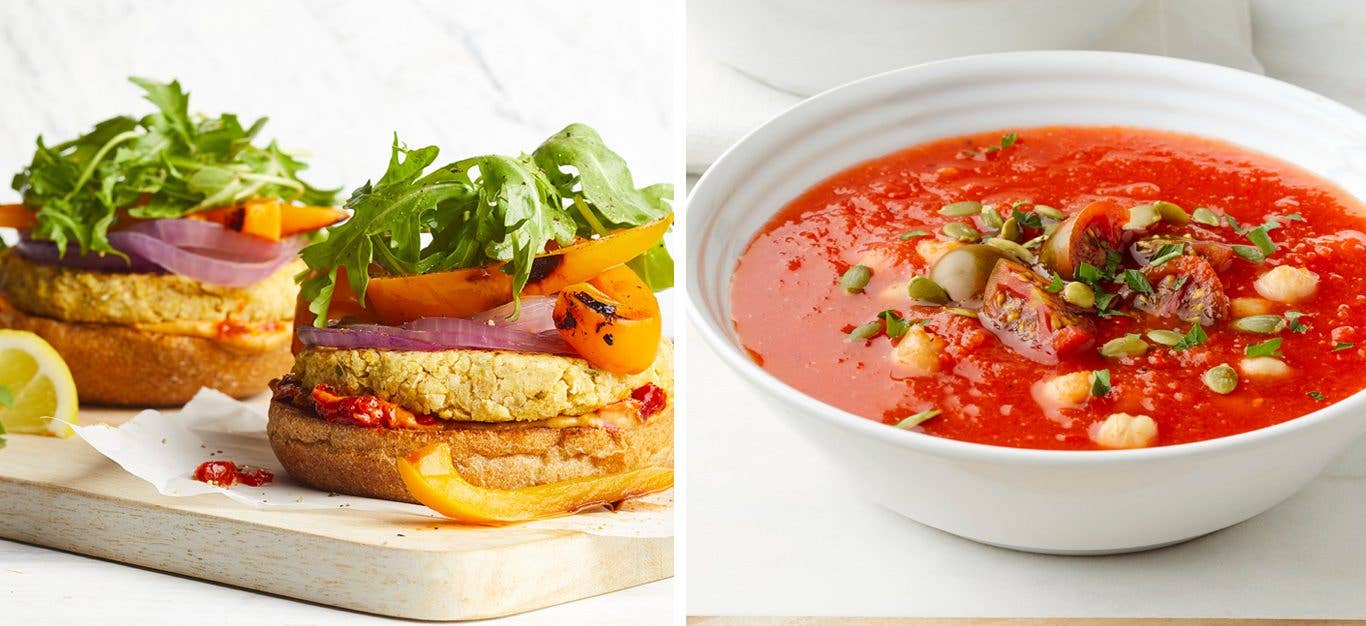chickpea recipes - burgers made of chickpeas, and a bright red tomato soup studded with chickpeas