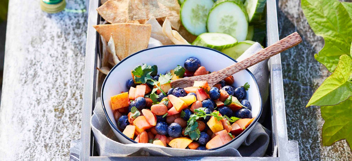 nectarine and blueberry salsa with chips and cucumber slices - higher res