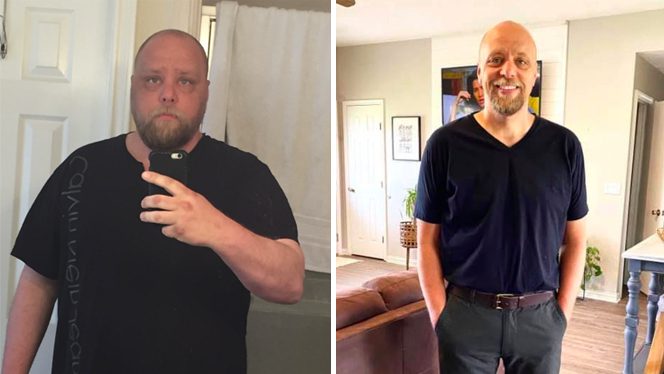 Side by side photo shows a man before and after a heart attack inspired him to adopt a plant-based diet. On the left, he is heavier; on the right, he is thinner and smiling