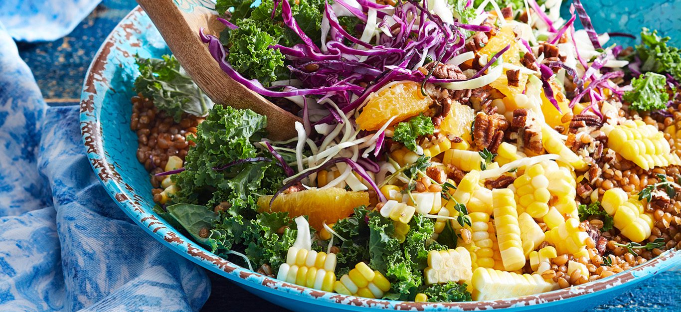 Summertime Kale Slaw with Wheat Berries, Oranges, and Corn