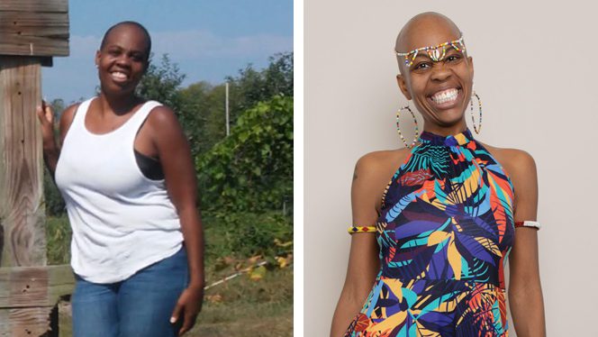 Evon Dennis shown before and after adopting a whole-food, plant-based diet and conquering her addiction to processed foods