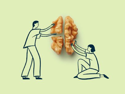 Two cartoon people hold pieces of a walnut that looks like a brain to signify Alzheimer's