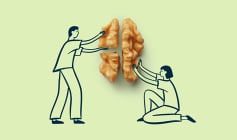 cartoon man and woman holding up two halves of a walnut to signify a brain.
