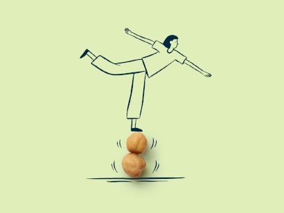 Cartoon man balancing by one leg on two chickpeas