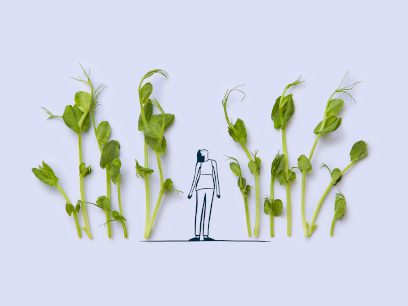 Cartoon woman standing between a forest of pea sprouts