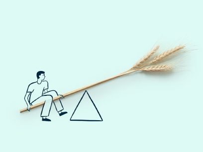 cartoon man sitting on a wheat stalk, balanced on a triangle to signify a see-saw