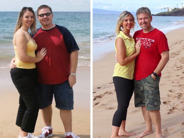 Two photos side by side: On the left, a young overweight couple standing on a beach; on the right; the same couple stands on a beach, having lost 195 pounds combined