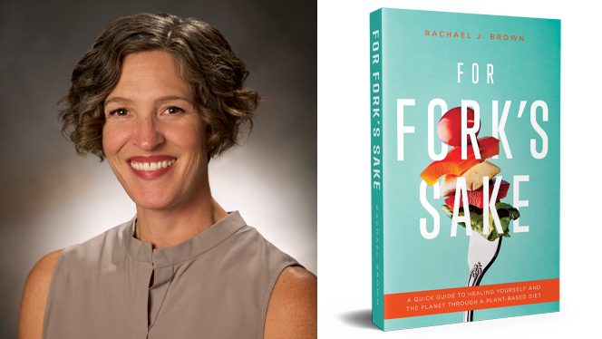 headshot of author Rachael Brown next to the cover of her book For Fork's Sake