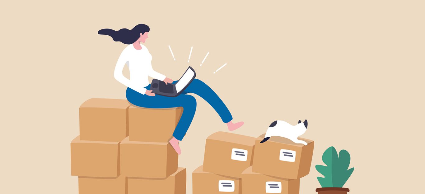 Illustration of woman sitting on top of cardboard boxes on her laptop Black Friday shopping, with a cat sitting at her feet