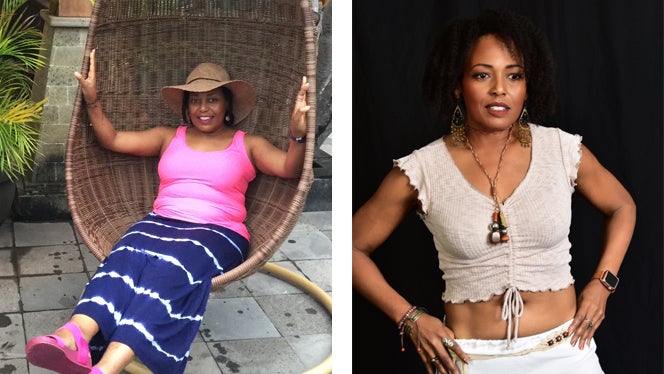 Two photos of Mary McCoy showing her before and after adopting a plant-based oil-free diet for weight loss and to reverse prediabetes and high cholesterol - on the left she sits in a woven hanging chair wearing a hat, long skirt, on the right, she poses with her hands on hips