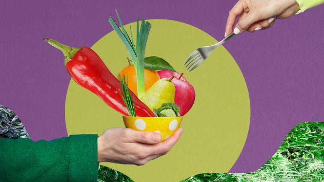 An arm holds a bowl of vegetables against a purple and green background with another hand holding a fork coming down from the top corner about to spear one of the veggies