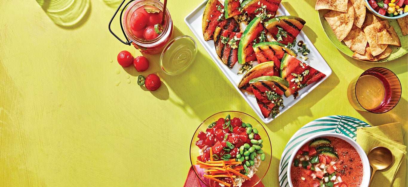 Savory watermelon snacks and meals, including watermelon pickles, watermelon poke, gazpacho, and salsa