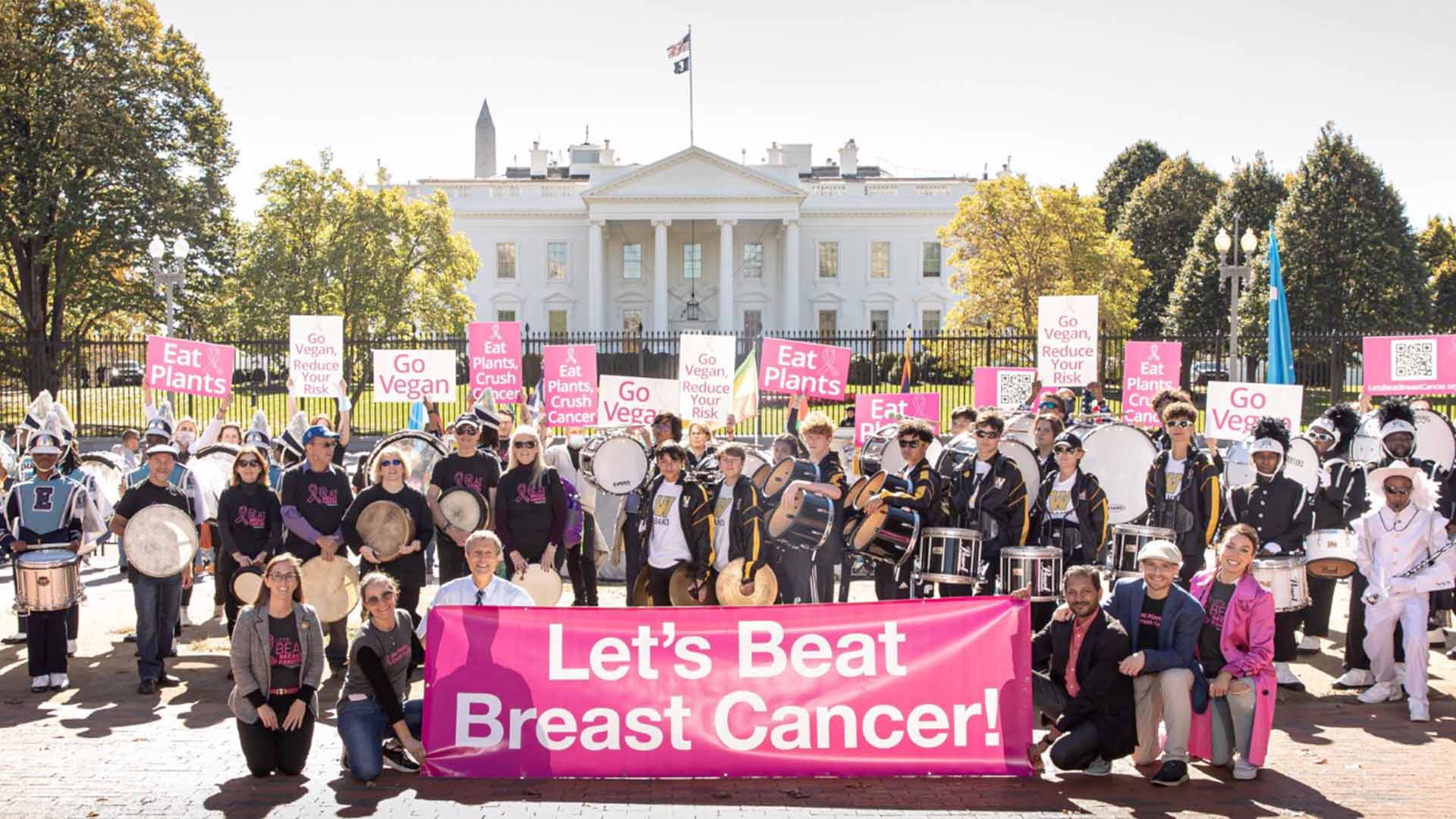 A large group of doctors and survivors, many wearing pink, standing in front of the White House fence with drums and holding a large banner that says Let's Beat Breast Cancer