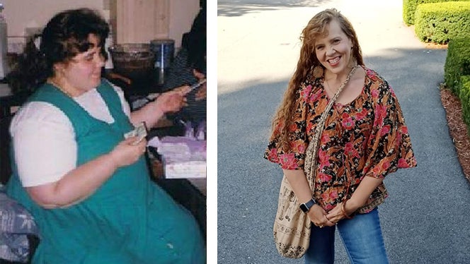 Two photos showing Julie Tomlinson before and after adopting a plant-based wfpb diet for weight loss, blood pressure, and cholesterol - on the right, she's lost 100 pounds