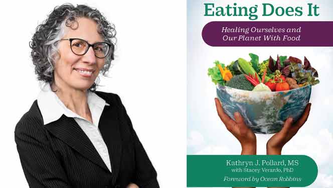Headshot of Kathy Pollard next to the cover of her new book Eating Does It