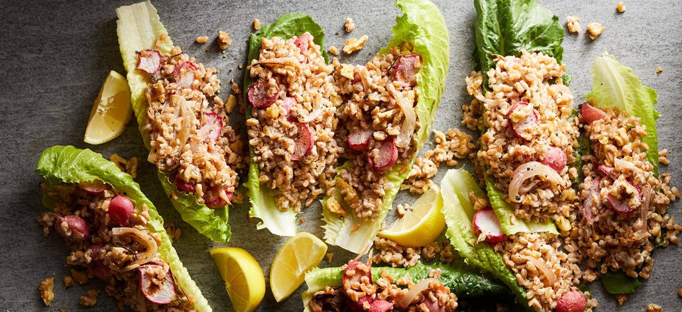 Lettuce Cups with Roasted Radish and Farro on a gray countertop