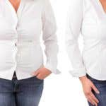 Two woman wearing an identical outfit of jeans and a white shirt. The left woman is overweight and her shirt is stretched across her belly while in the photo on the right the woman is not overweight and her shirt fits well