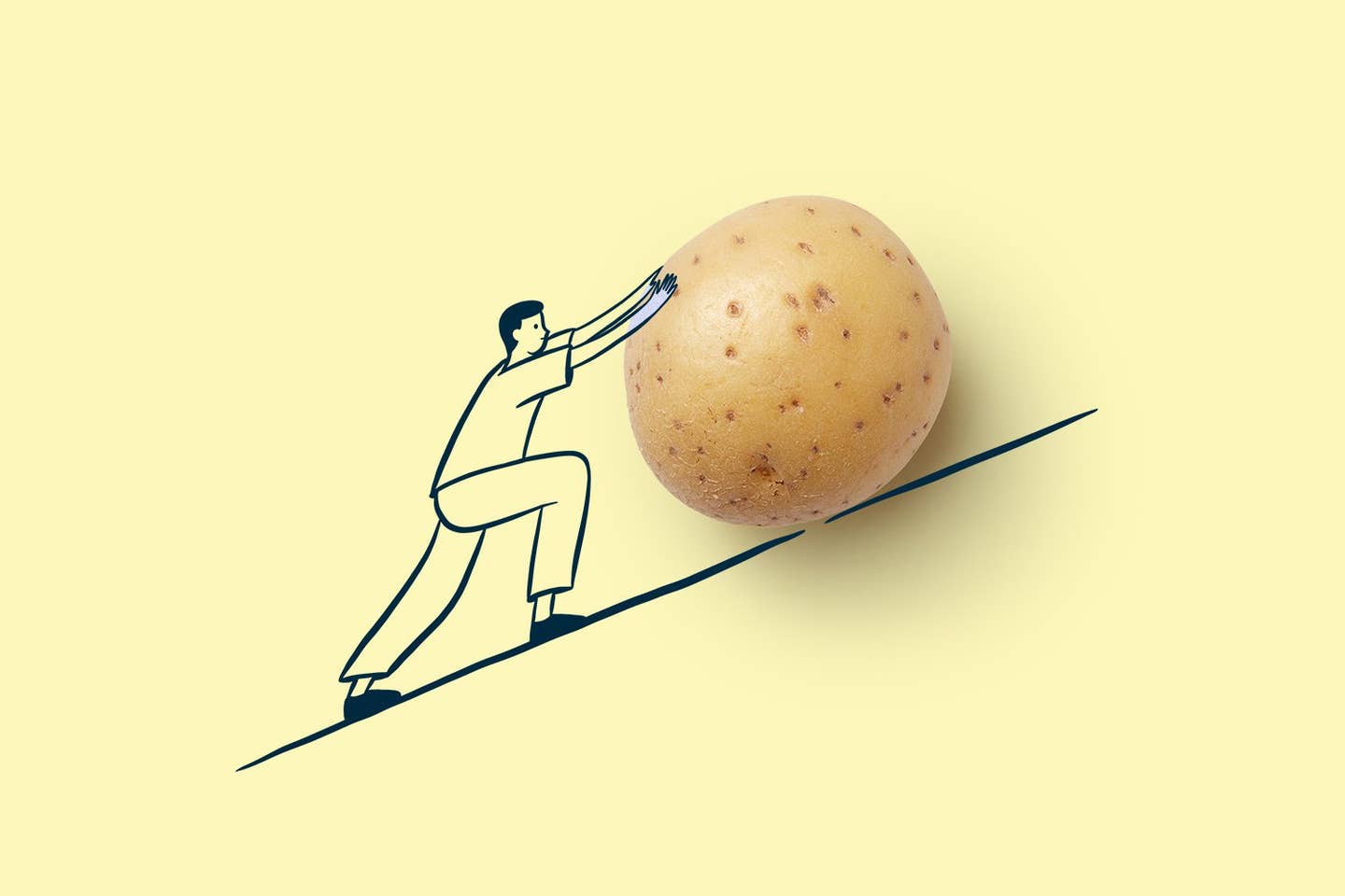 A mixed-media piece in which a simple illustration of a man appears to push a real potato up an illustrated hill