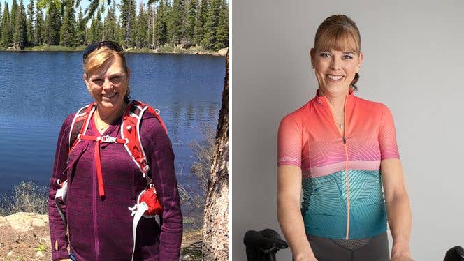 sharon before after heart attack Two photos showing Sharon Dunmall Before and AFter Widowmaker Heart Attack and Oil-Free Plant-Based Diet - on the left, she wears a red shirt and backpack and stands in front of a lake; on the right, she stands in cycling gear, holding her bike