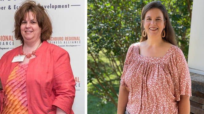 Side by side photos showing Stefanie Prokity before and after adopting a whole-food plant-based diet and losing weight. In the "After" photo, she looks radiant and healthier