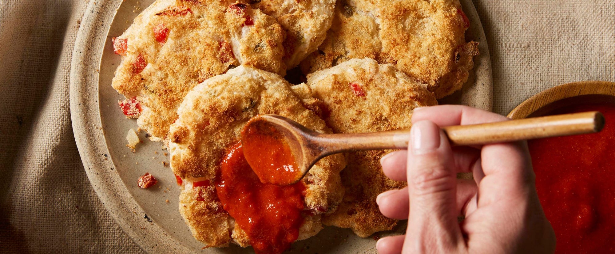 Baked Fritters with Roasted Red Pepper Sauce Forks Over Knives