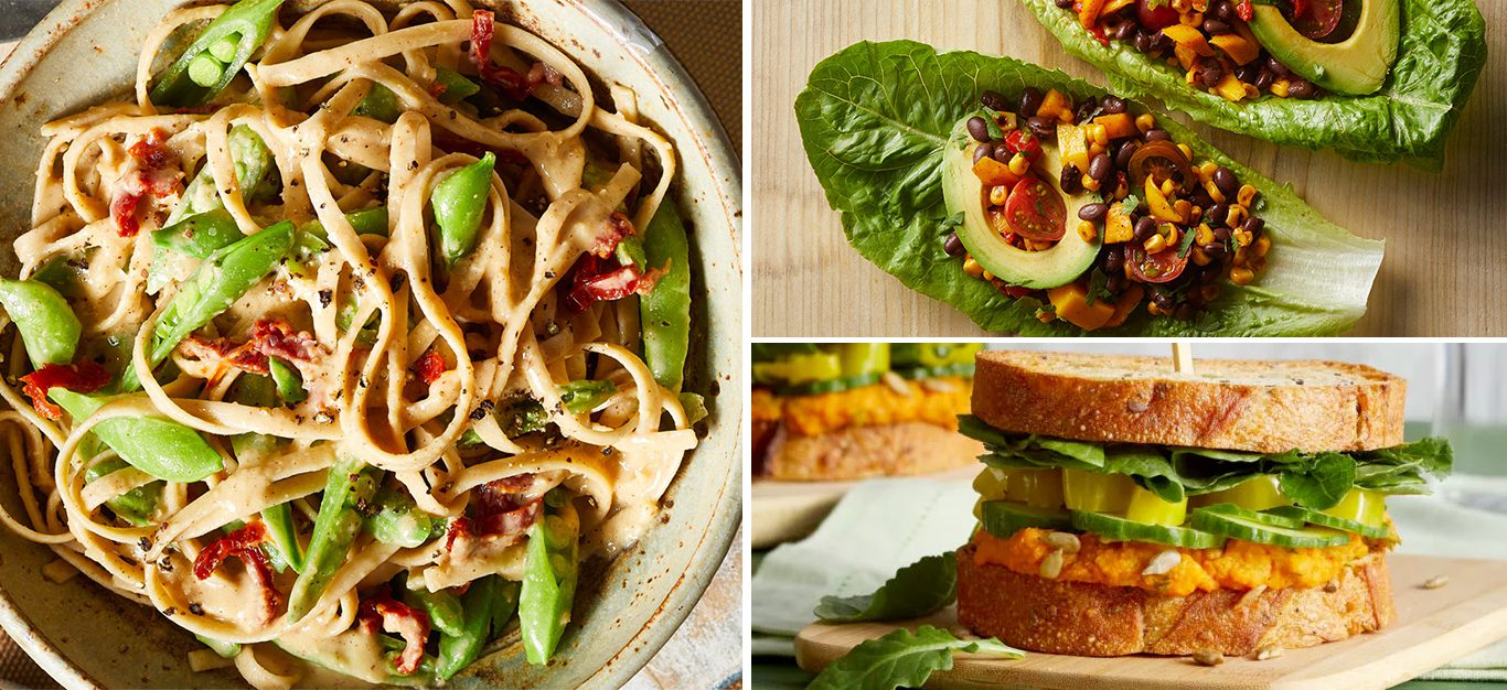 20-Minute Meals - Pasta, Lettuce Cups, and Sandwich shown in a Collage
