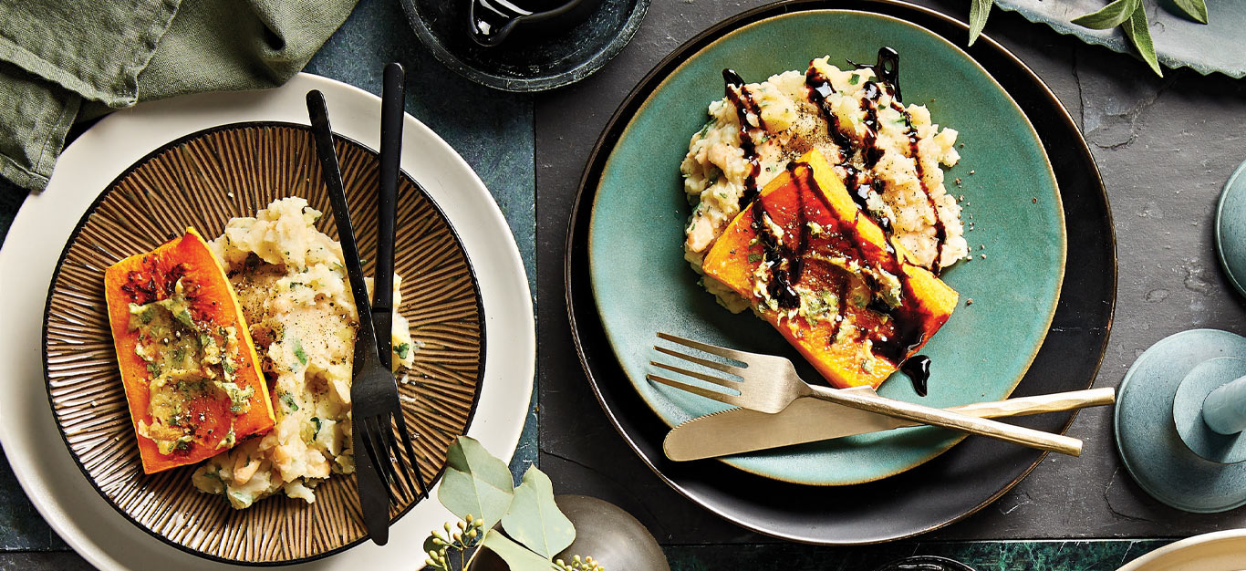 Garlic Squash Steaks with Herbed Pear-Potato Mash