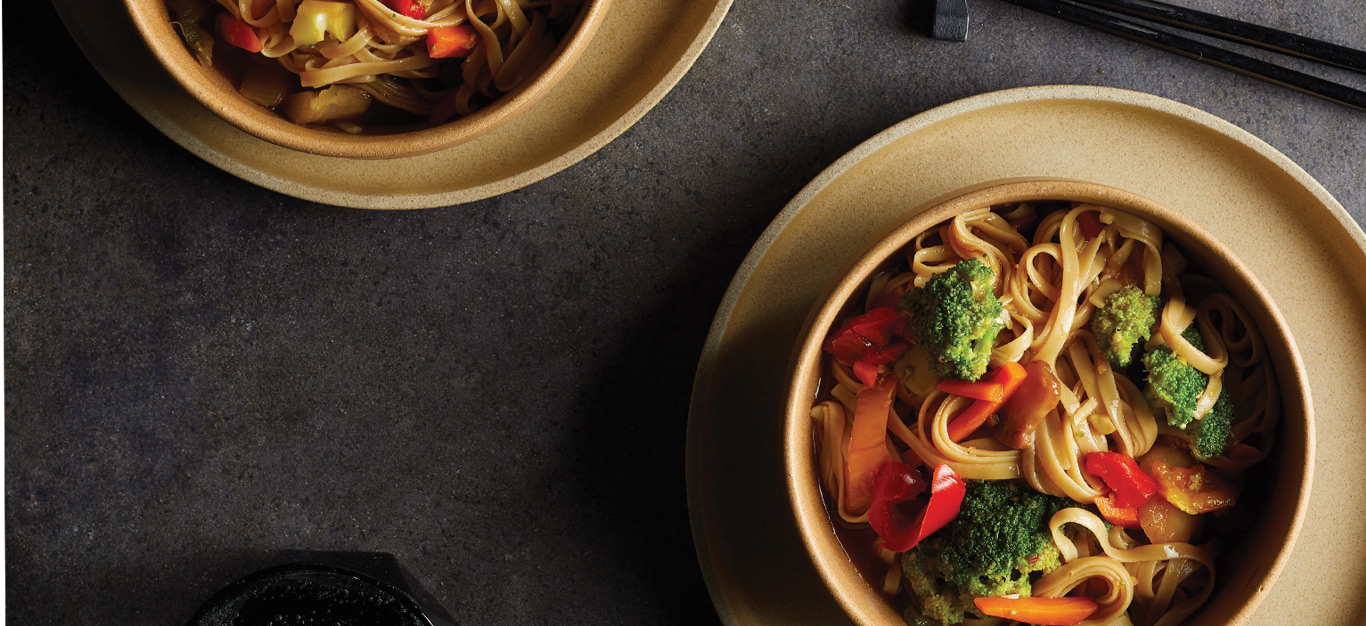 Brown Rice Noodle Bowls with Ginger-Garlic Sauce