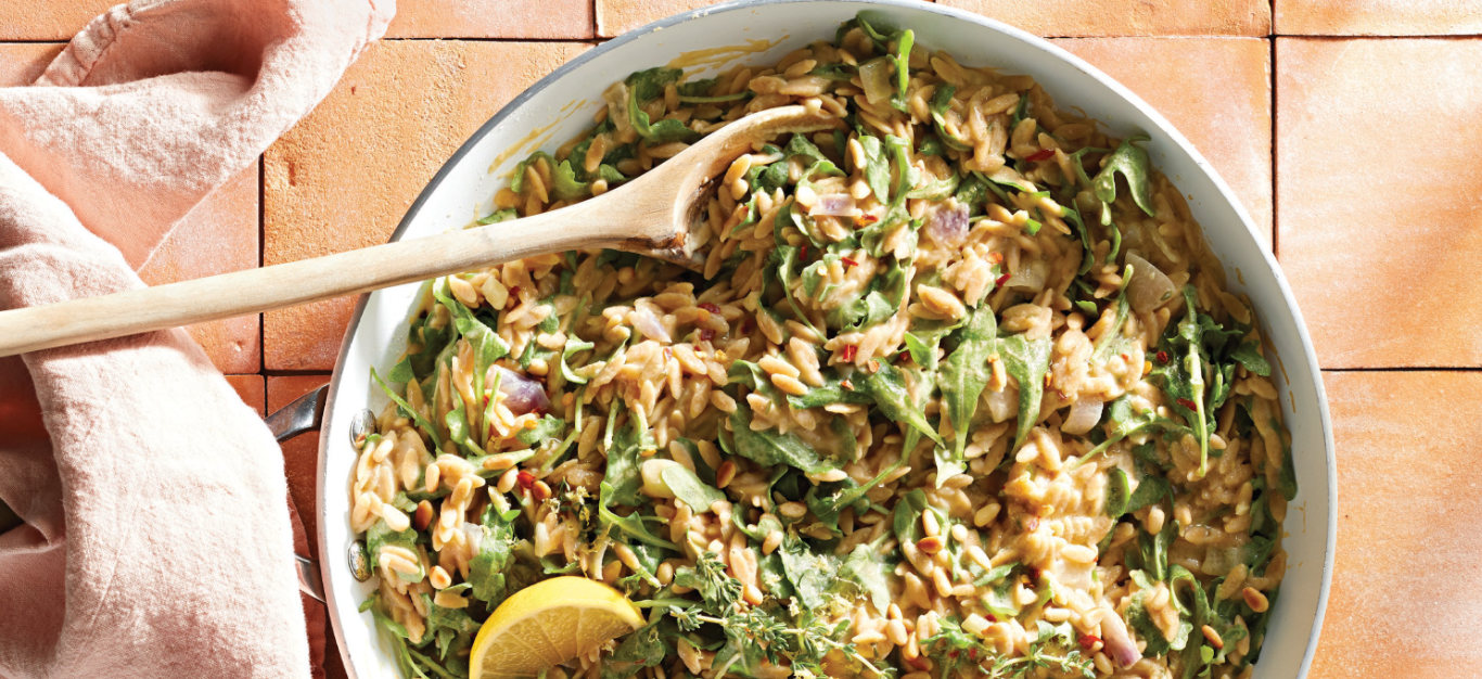 Whole Wheat Orzo and Arugula Skillet Supper