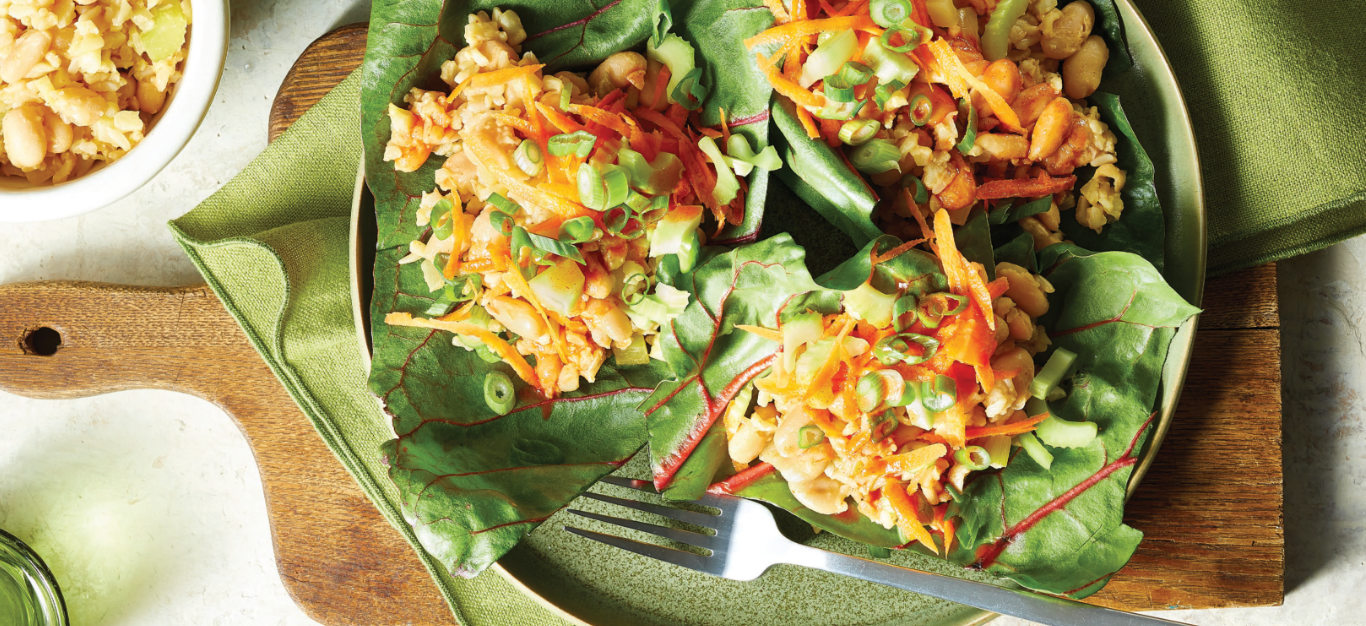 Swiss Chard Wraps with Buffalo Cauliflower Rice