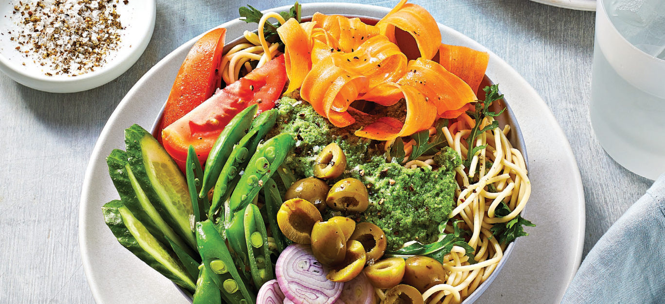 Chilled Noodle Bowls with Mixed Veggies and Minted Pea Dressing