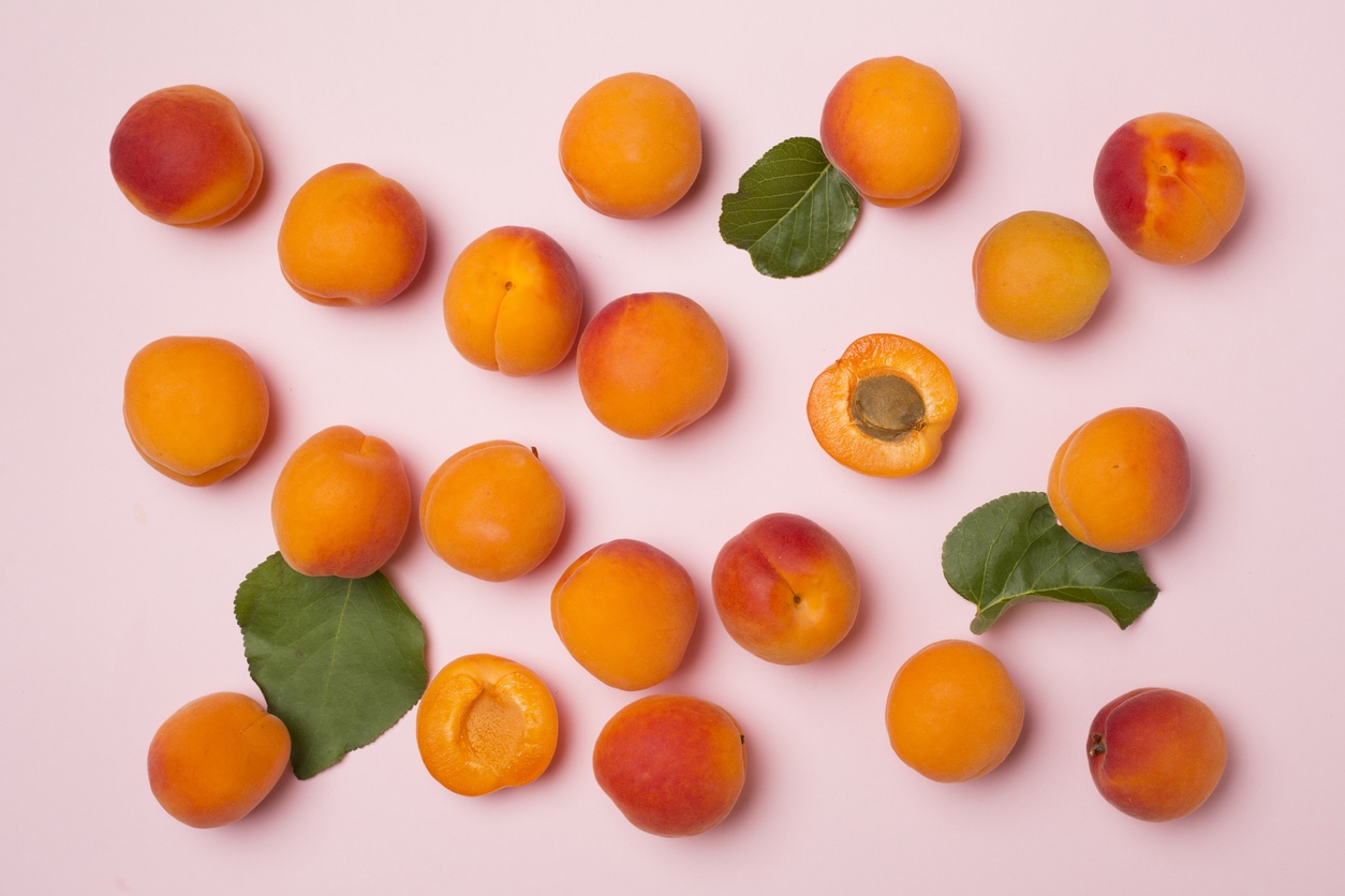 fresh orange apricots scattered across a solid pink background