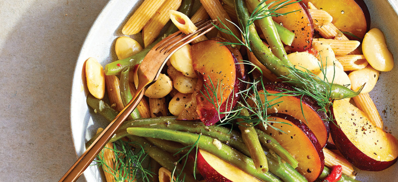 Plum Pasta Salad with Roasted Garlic Vinaigrette
