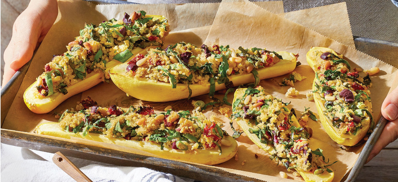 Stuffed Summer Squash with Quinoa, Chard, and Sun-Dried Tomatoes